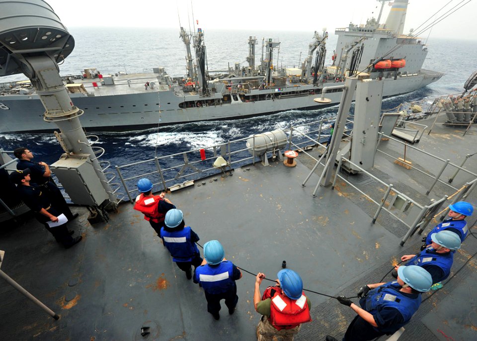 Flickr - Official U.S. Navy Imagery - Sailors heave the phone and distance line on the bridge during a replenishment at sea.
