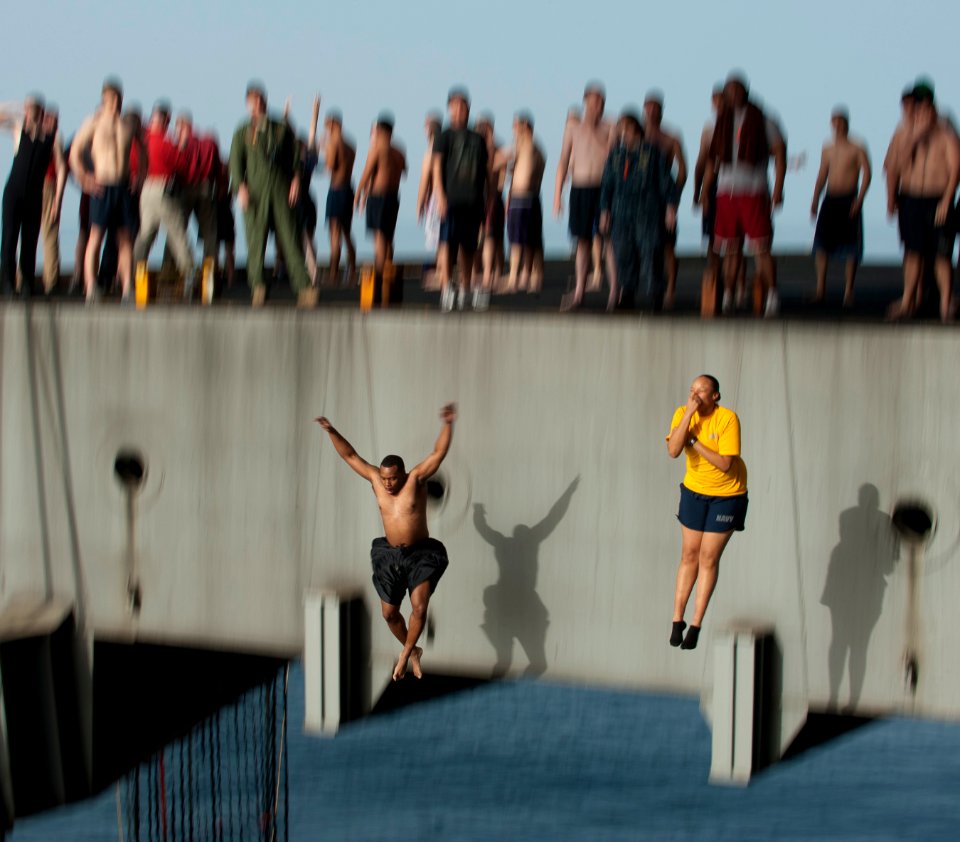 Flickr - Official U.S. Navy Imagery - Sailors jump off aircraft elevator No. 4 during a swim call aboard the Nimitz-class aircraft carrier USS Carl Vinson (CVN 70). (4)