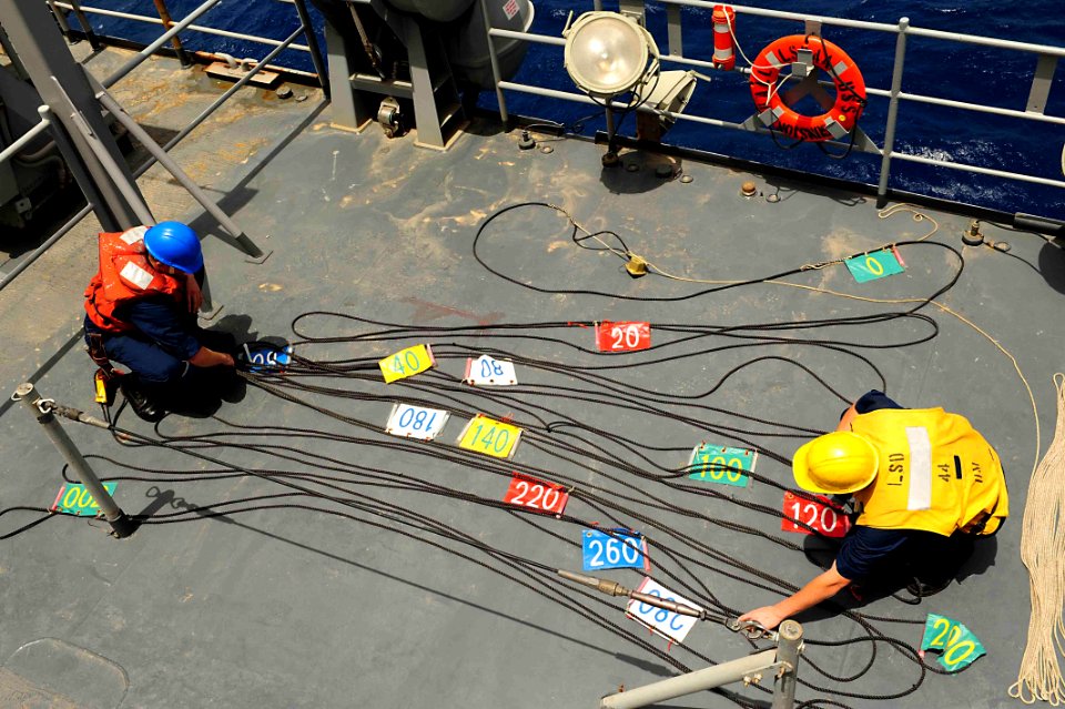 Flickr - Official U.S. Navy Imagery - Sailors organize phone and distance lines prior to a replenishment at sea.