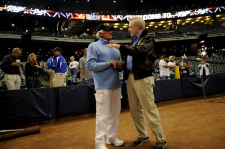 Flickr - Official U.S. Navy Imagery - Secretary of the Navy Ray Mabus gives Bob Uecker a USS Milwaukee (LCS 5) ball cap