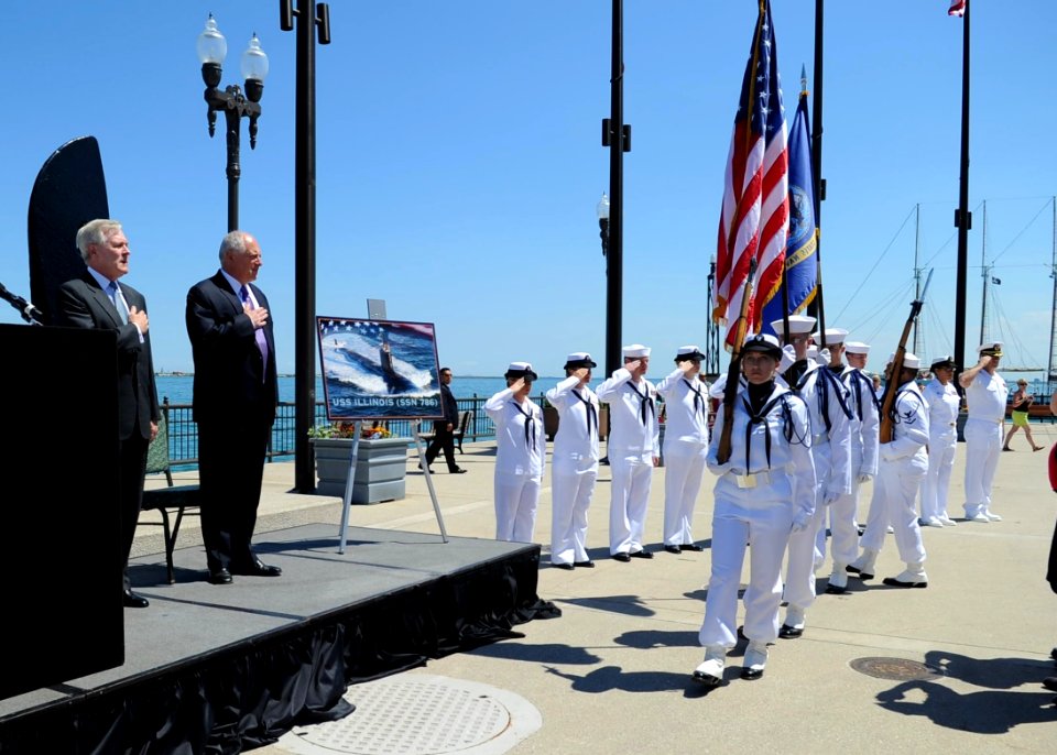 Flickr - Official U.S. Navy Imagery - The SECNAV and Illinois Gov. Pat Quinn render honors during the parading of colors at a ceremony celebrating the naming of the Virginia-class submarine, USS Illinois