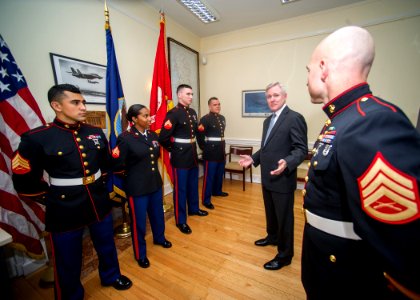 Flickr - Official U.S. Navy Imagery - The SECNAV speaks with Marines assigned to the Marine Security Detachment in Tirana, Albania.