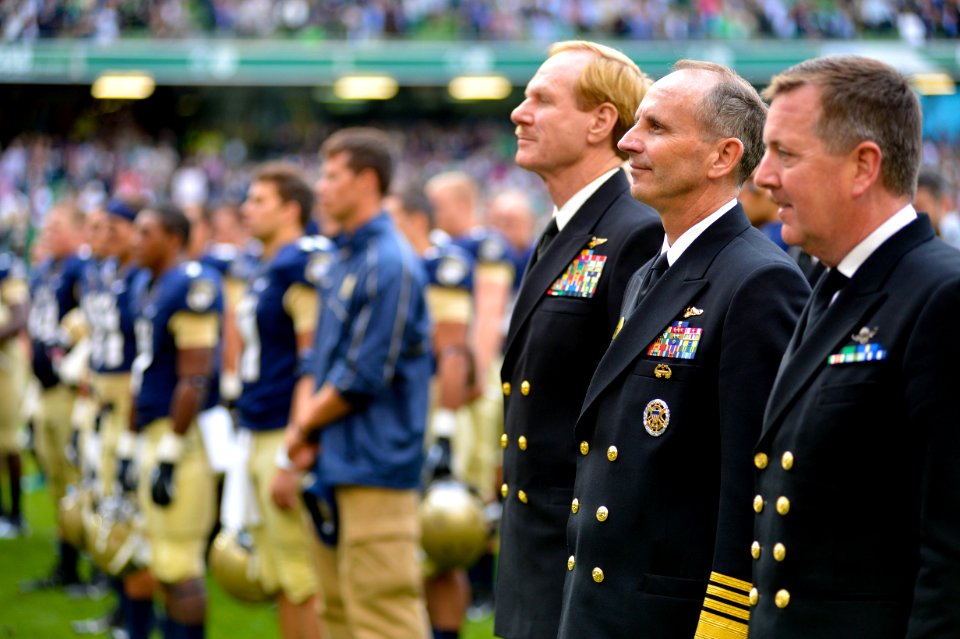 Flickr - Official U.S. Navy Imagery - The Superintendent, SECNAV and CNO salute and pay respect during the singing of the Irish and U.S. national anthems. (1)