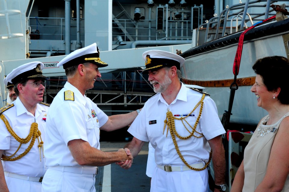 Flickr - Official U.S. Navy Imagery - The CNO is greeted by Royal Navy Attaché Commodore upon his arrival at a War of 1812 reception.
