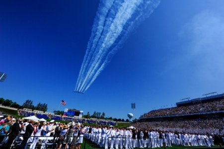 Flickr - Official U.S. Navy Imagery - The U.S. Navy flight demonstration squadron Blue Angels perform a formation flyover as part of the official ceremonies at the 2012 U.S. Naval Academy graduation and commissioning ceremony.