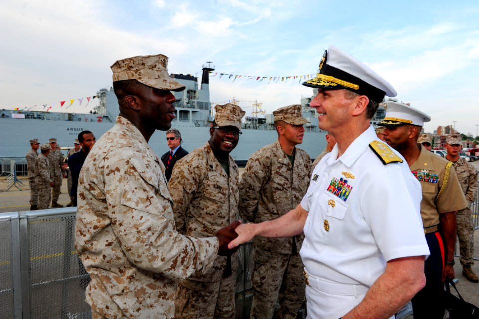 Flickr - Official U.S. Navy Imagery - The CNO shakes hands and meets with Marines at the USO New York City Fleet Week block party.