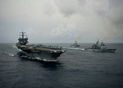 Flickr - Official U.S. Navy Imagery - U.S. Navy ships maneuver into formation while transiting the Atlantic Ocean.
