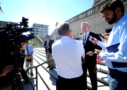 Flickr - Official U.S. Navy Imagery - The SECNAV speaks with members of the media after a ceremony celebrating the naming of the Virginia-class submarine, USS Indiana (SSN 789), at the Indianapolis War Memorial.