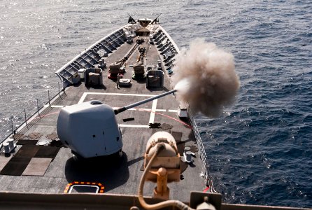 Flickr - Official U.S. Navy Imagery - USS Cape St. George fires one of its MK 45 lightweight 5-inch guns during a gunnery exercise.
