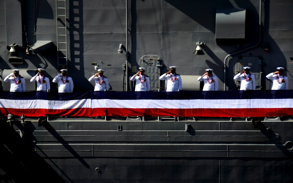 Flickr - Official U.S. Navy Imagery - USS Crommelin Sailors salute during the ship's decommissioning.