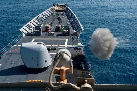 Flickr - Official U.S. Navy Imagery - USS Cape St. George fires its forward MK-45 lightweight 5-inch gun.