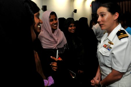 Flickr - Official U.S. Navy Imagery - USS Decatur Sailor answers question from female Indian students during event.