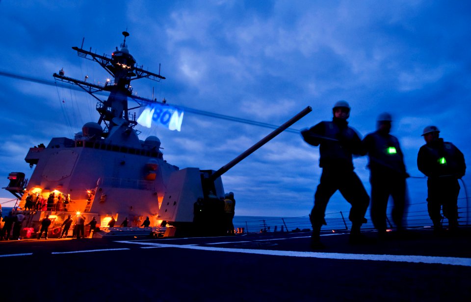 Flickr - Official U.S. Navy Imagery - USS Gridley Sailors man lines during replenishment.