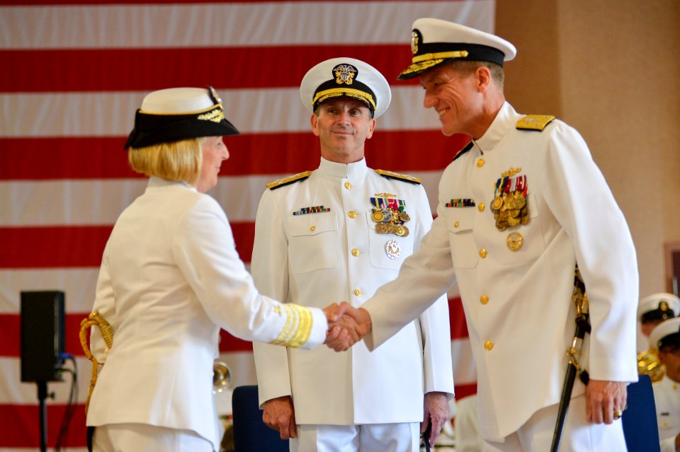 Flickr - Official U.S. Navy Imagery - Vice Adm. Robin Braun shake hands with Vice Adm. Dirk Debbink.