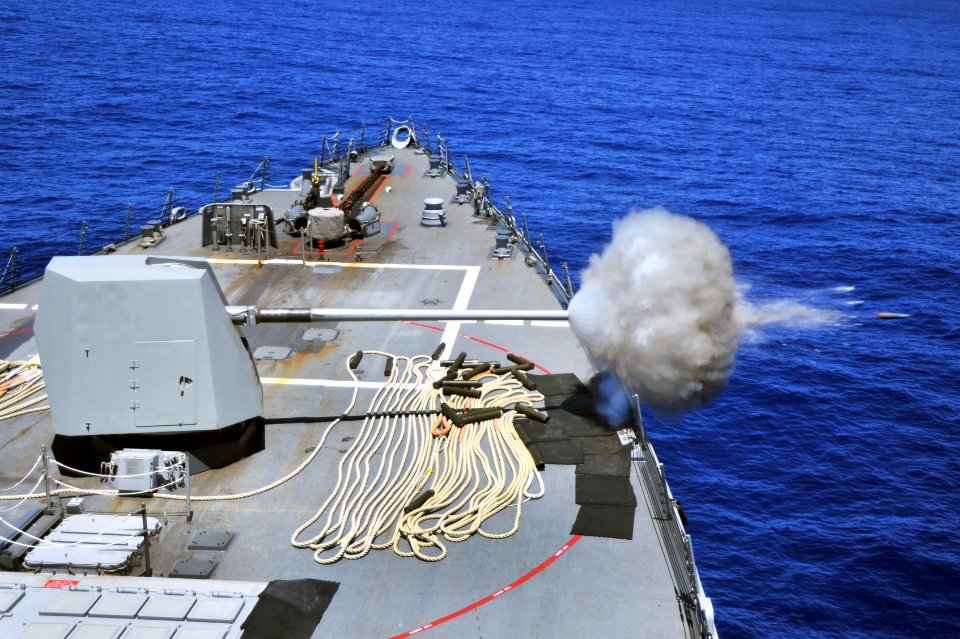 Flickr - Official U.S. Navy Imagery - USS McCampbell fires the Mark 45 five-inch gun during a naval surface fire support exercise.