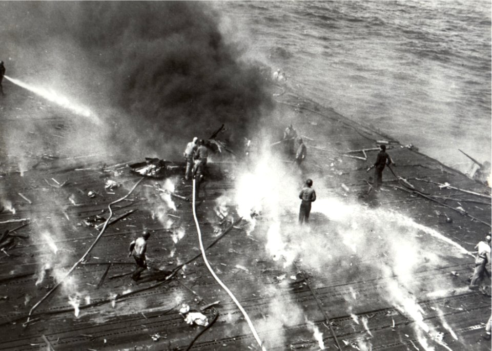 Flight deck of USS Yorktown (CV-5) after damage at Midway 1942