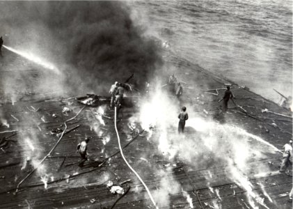 Flight deck of USS Yorktown (CV-5) after damage at Midway 1942