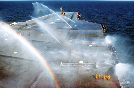 Flight deck washdown system test on USS America (CV-66) 1976