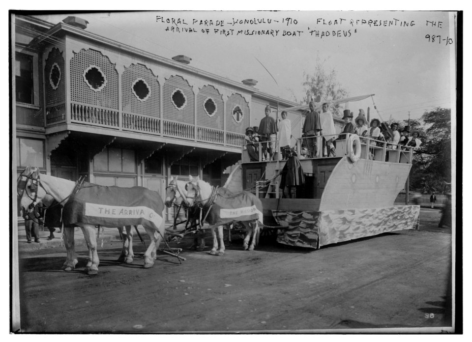 Float representing arrival of first missionary boat Thaddeus, Floral Parade, Honolulu LCCN2014684572