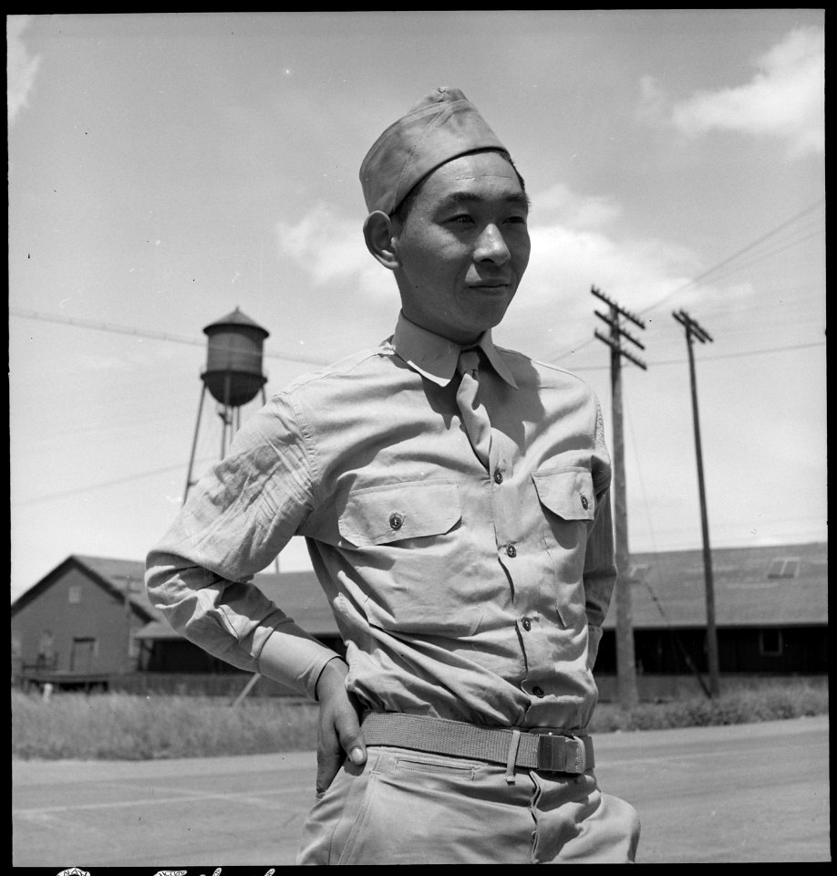 Florin, California. This American soldier of Japanese ancestry is shown at the railroad station of a . . . - NARA - 537854