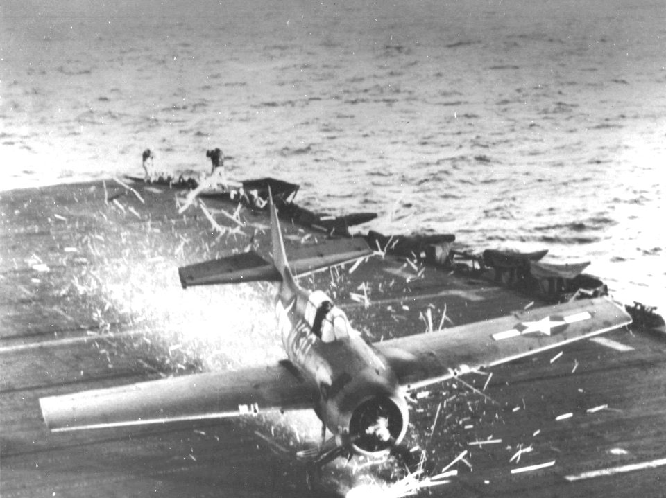 FM-2 Wildcat crash landing on escort carrier c1944