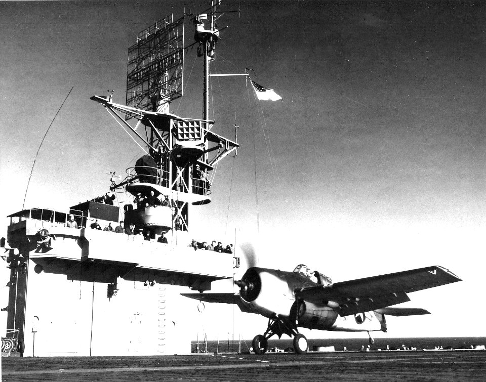 FM-1 Wildcat takes off from USS Kasaan Bay (CVE-69) 1944