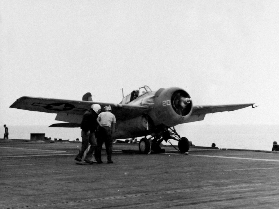 FM-2 Wildcat on catapult of USS Matanikau (CVE-101) on 27 July 1944 (80-G-376560)