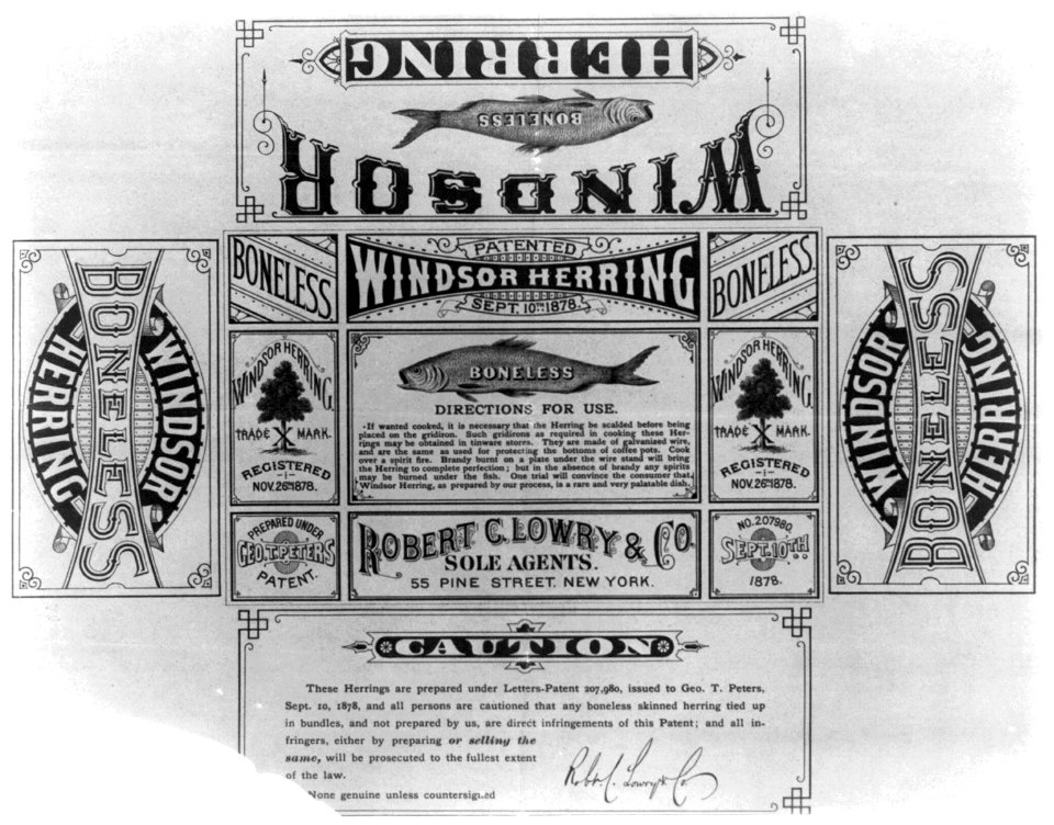 Folding box label for Windsor Boneless Herring, with illustration, cooking instructions, and patent warning LCCN2002698017