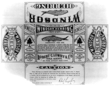 Folding box label for Windsor Boneless Herring, with illustration, cooking instructions, and patent warning LCCN2002698017