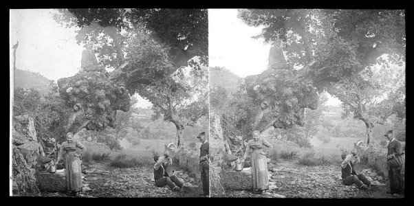 Font del Roure amb una dona omplint un gerro , dos homes i Juli Soler i Santaló enfilat al roure