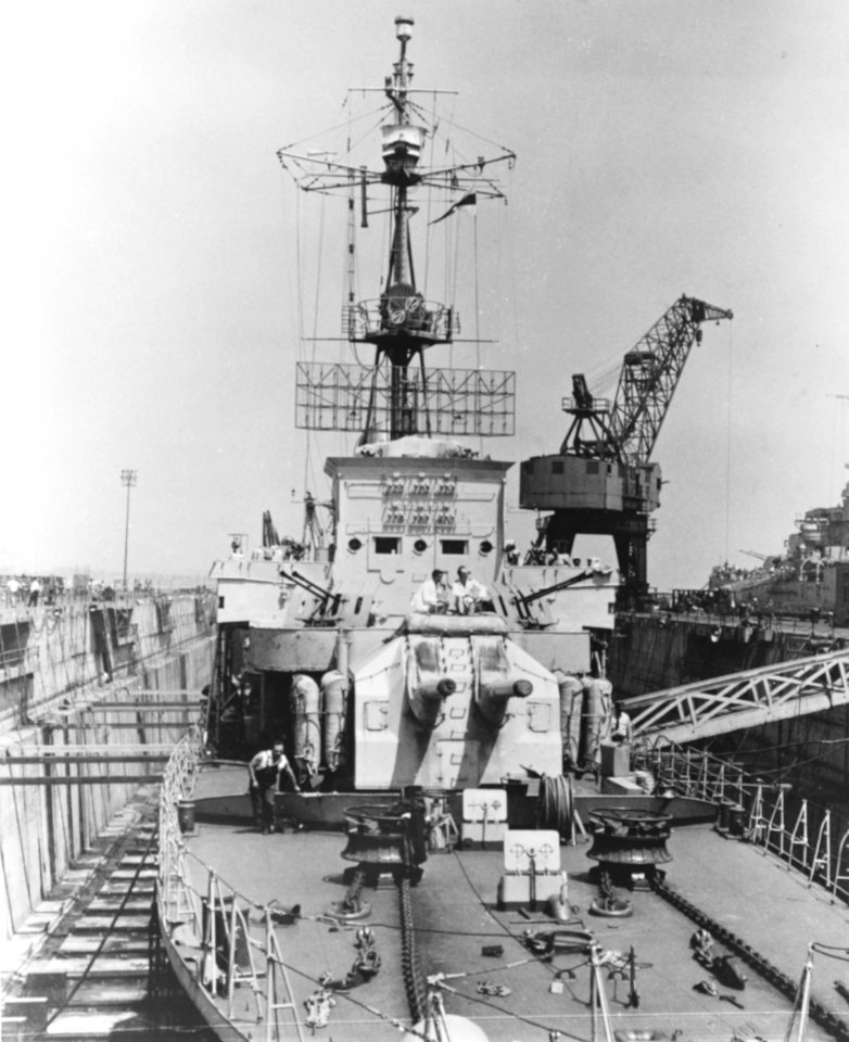 Forecastle of former German destroyer Z39 in drydock at the Boston Navy Yard in August 1945