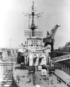 Forecastle of former German destroyer Z39 in drydock at the Boston Navy Yard in August 1945