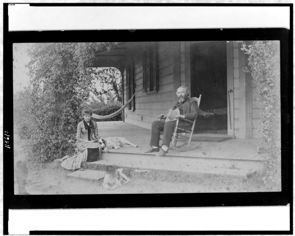 Grace Ellery Channing Stetson seated with her uncle, William Douglas O'Connor, on porch of the Channing home, 170 N. Orange Grove Ave., Pasadena, California LCCN97509904