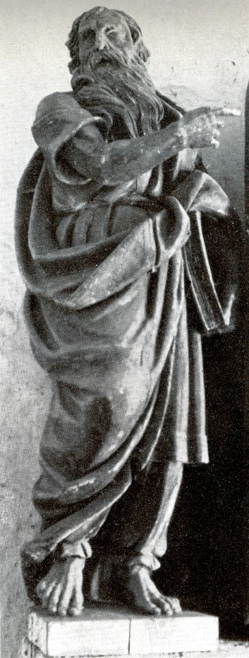 Gr.-Wolfsdorf, Evangelische Pfarrkirche, Altaraufsatz, Gestalt des Moses, 1715-1716, Bildhauer Joseph Anton Kraus (zugeschrieben)