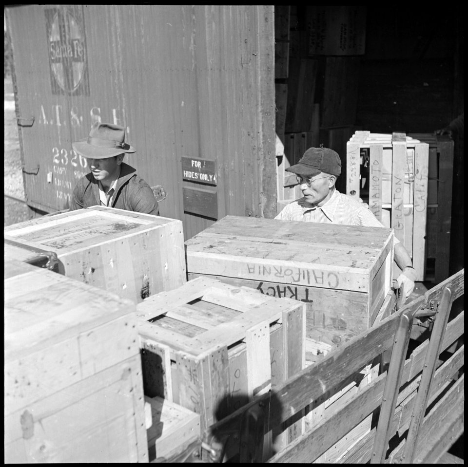 Granada Relocation Center, Amache, Colorado. Personal property, crated for freight shipment, is loa . . . - NARA - 539925