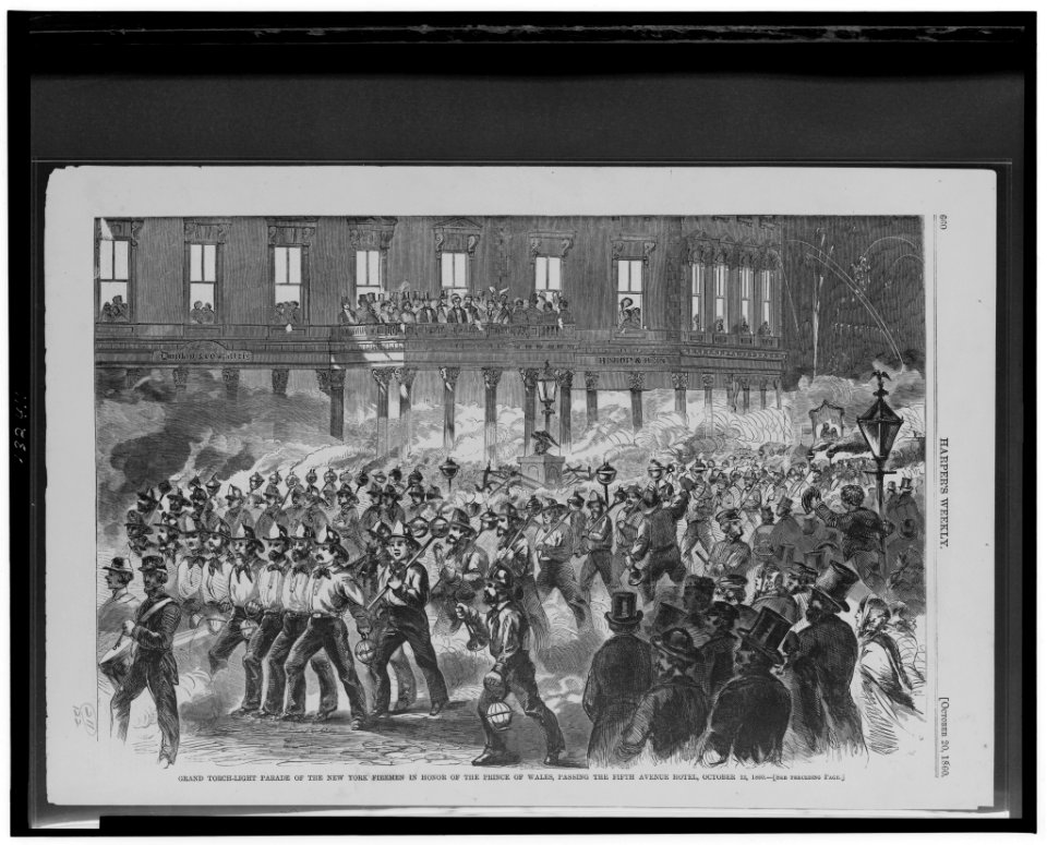 Grand torch-light parade of the New York firemen in honor of the Prince of Wales, passing the Fifth Avenue Hotel, October 13, 1860 LCCN2002722615
