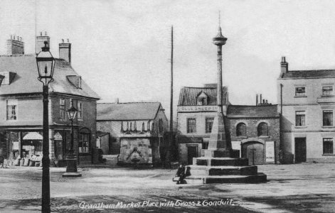 Grantham, Lincolnshire, England. Market Place and Cross, c.1900