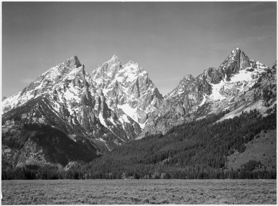 Grassy valley, tree covered mountain side and snow covered peaks, Grand Teton National Park, Wyoming., 1933 - 1942 - NARA - 519914