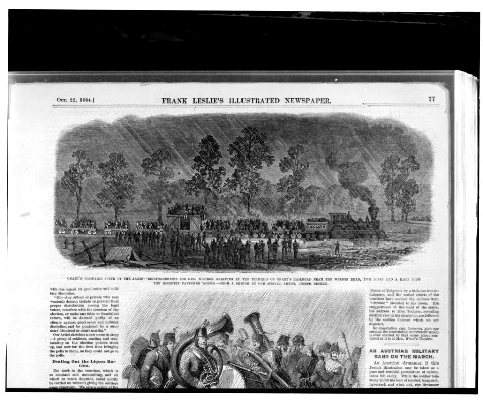 Grant's campaign south of the James-reinforcements to Gen. Warren arriving at the terminus of Grant's railroad near the Weldon Road, two miles and a half from the recently captured works - LCCN92522558