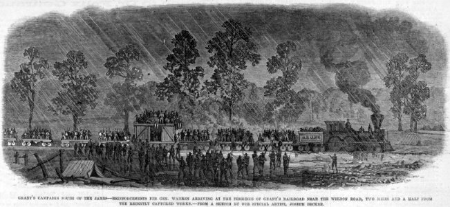 Grant's campaign south of the James-reinforcements to Gen. Warren arriving at the terminus of Grant's railroad near the Weldon Road, two miles and a half from the recently captured works - LCCN92522558