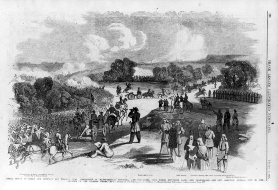 Great battle at Bull's Run between the Federal Army, commanded by Major-General McDowell, and the Rebel army under Jefferson Davis, Gen. Beauregard and Gen. Johnston, Sunday, July 21, 1861 - LCCN99614101