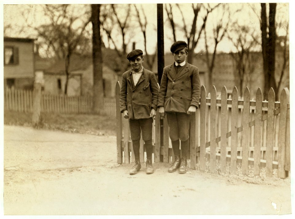 Great Falls Mfg. Co. Boy on left hand is William Dosmaris, 2 Hornes Court. Been working 6 months. Boy on right hand Albert Papin (13 years old now), 77 Main Street. Is a 'helper.' Works LOC nclc.01761