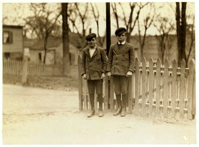 Great Falls Mfg. Co. Boy on left hand is William Dosmaris, 2 Hornes Court. Been working 6 months. Boy on right hand Albert Papin (13 years old now), 77 Main Street. Is a 'helper.' Works LOC nclc.01761