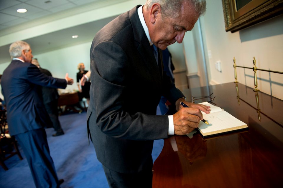 Greece minister of defense meets with US Secretary of Defense Chuck Hagel 140821-N-AF077-039