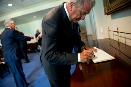 Greece minister of defense meets with US Secretary of Defense Chuck Hagel 140821-N-AF077-039