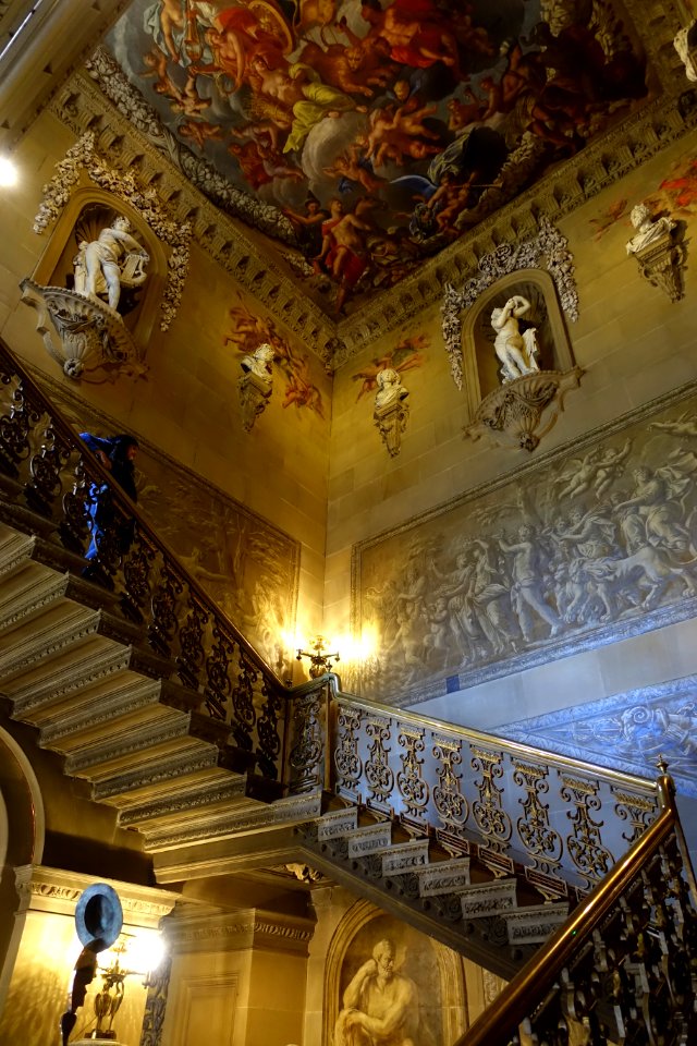 Great Staircase, ceiling painted by Antonio Verrio, 1691, statues by Caius Gabriel Cibber, Chatsworth House - Derbyshire, England - DSC03138