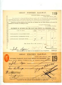 Great Western Railway dividend share certificate - December 1899 photo