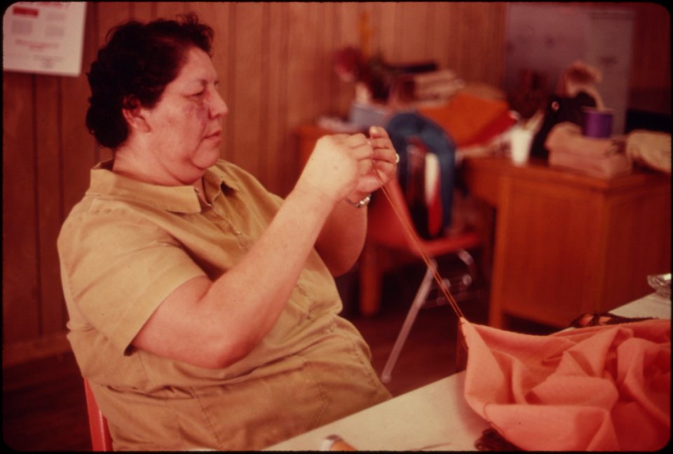 Great-Granddaughter of Indian Chief White Cloud Works on the Fringe for Shawls to Wear at Indian Pow Wow...10-1974 (4012360722)