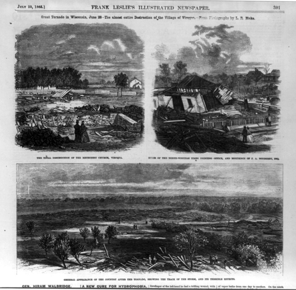 Great tornado in Wisconsin, June 28 - the almost entire destruction of the village of Viroqua (3 illus.)- 1. Total destruction of the Methodist Church; 2. Ruins of the North-Western Times LCCN99614082
