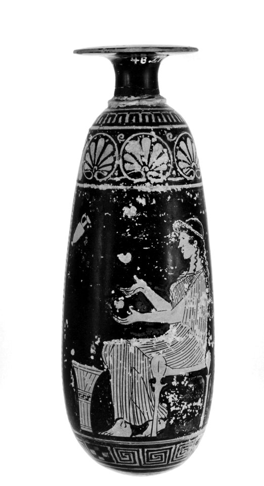 Greek - Alabastron Depcting A Seated Woman and A Woman Walking to the Right Toward a Chair - Walters 48271 - Side A